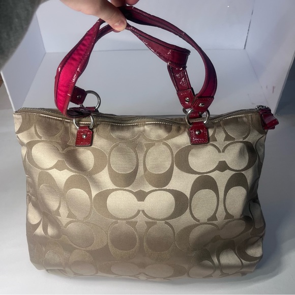 Y2K Authentic Coach Daisy Signature Tote Bag Brown Red Trim #H1257 -F20026 - Picture 2 of 15